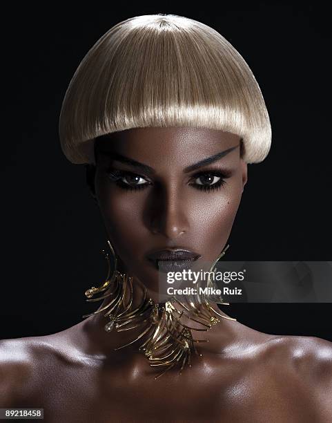 Model Yasmin Warsame poses for a portrait wearing a gold spider necklace by Ericson Beamonon on July 22, 2009 in New York City. Stylist: Nikko...