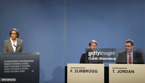 Andrea Maechler, member of the governing board of the Swiss National Bank , left, speaks as Fritz Zurbruegg, vice president of the Swiss National...