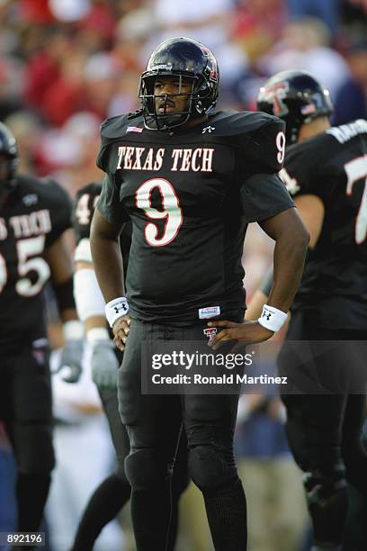 Defensive end Aaron Hunt of the Texas Tech Red Raiders stands on the field during the Big 12 Conference football game against the Oklahoma Sooners on...