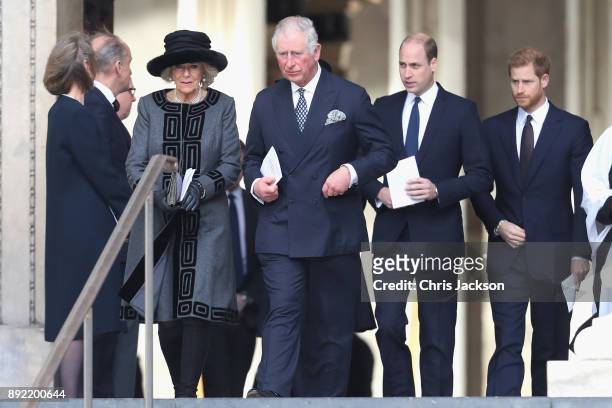 Camilla, Duchess of Cornwall, Prince Charles, Prince of Wales, Prince William, Duke of Cambridge and Prince Harry leave the Grenfell Tower National...
