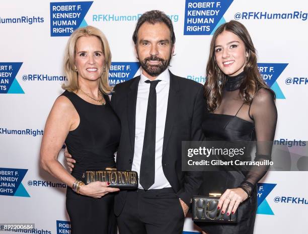 Kerry Kennedy, Olivier Bernoux and Michaela Kennedy Cuomo attend Robert F. Kennedy Human Rights Hosts Annual Ripple Of Hope Awards Dinner at New York...