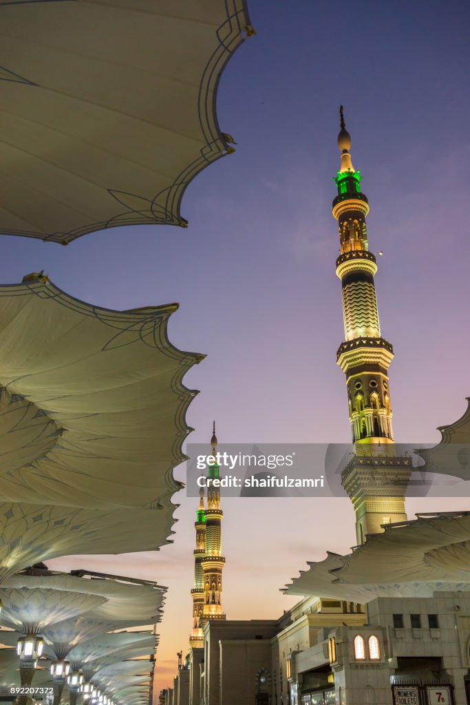 View of minarets of Mosque Al-Nabawi in Medina