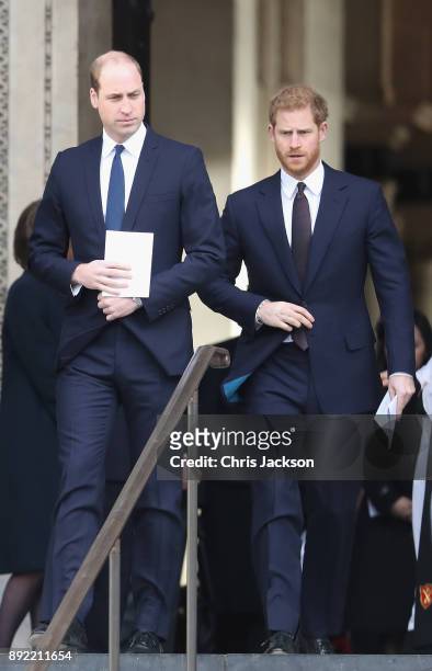 Prince William, Duke of Cambridge and Prince Harry leave the Grenfell Tower National Memorial Service held at St Paul's Cathedral on December 14,...