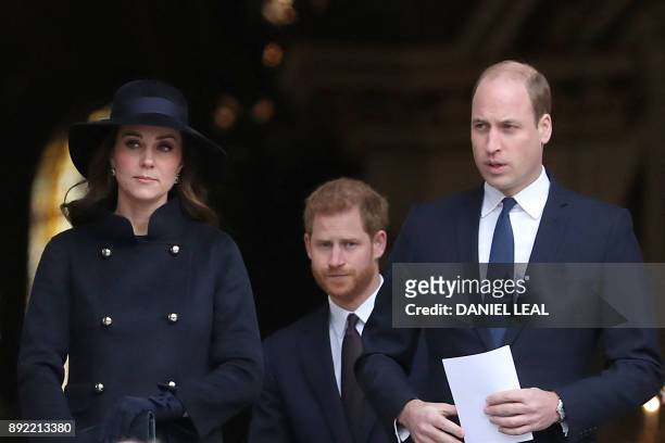 Britain's Catherine, Duchess of Cambridge, Britain's Prince William, Duke of Cambridge and Britain's Prince Harry leave after attending the Grenfell...