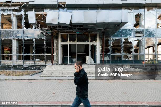 Damage building in Kievski, a neighborhood close by Donetsk Airport. Sparta battalion is an armed group formed by rebel separatist fighting in...