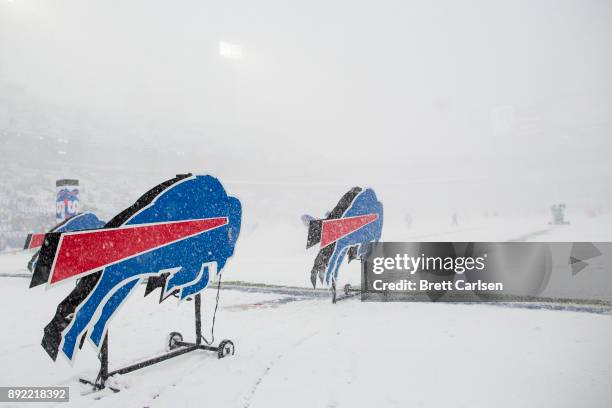 Buffalo Bills logos stand on the field before the game between the Buffalo Bills and the Indianapolis Colts at New Era Field on December 10, 2017 in...