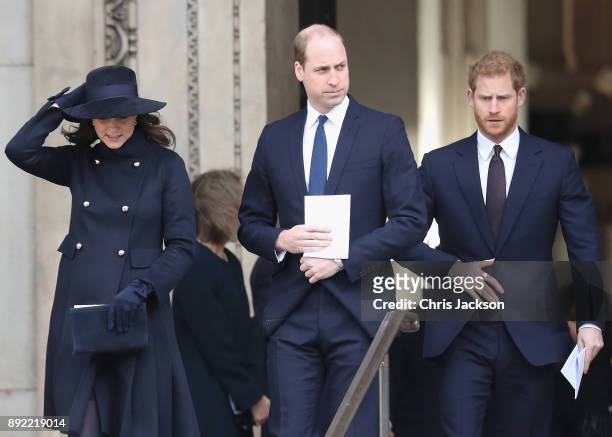 Catherine, Duchess of Cambridge, Prince William, Duke of Cambridge and Prince Harry leave the Grenfell Tower National Memorial Service held at St...
