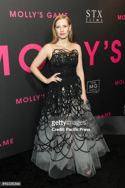 Jessica Chastain wearing dress by Oscar De La Renta attends New York premiere Molly's Game at AMC Loews Lincoln Square.