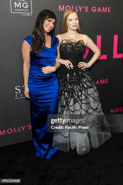 Molly Bloom, Jessica Chastain wearing dress by Oscar De La Renta attends New York premiere Molly's Game at AMC Loews Lincoln Square.