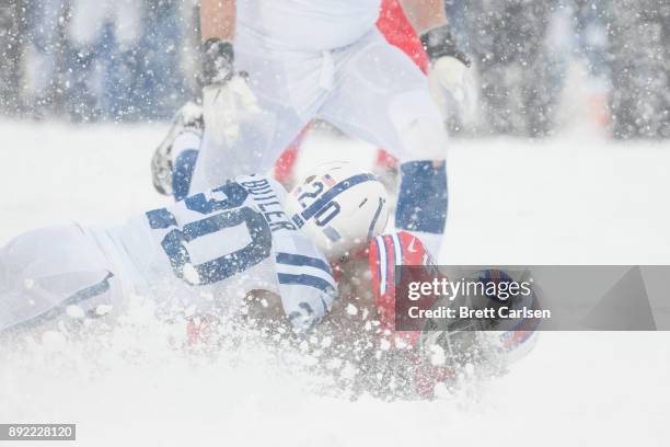 Darius Butler of the Indianapolis Colts tackles LeSean McCoy of the Buffalo Bills during the second quarter at New Era Field on December 10, 2017 in...