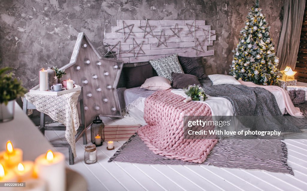 Christmas decorations home bedroom, christmas background indoors