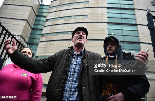 Supporter Andrew Edge speaks to the media following the arrests of Britain First deputy leader Jayda Fransen and Britain First leader Paul Golding...