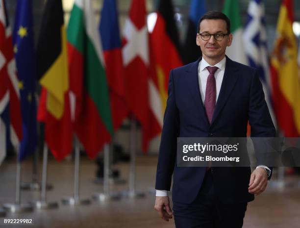 Mateusz Morawiecki, Poland's prime minister, arrives at a European Union leaders summit at the Europa Building in Brussels, Belgium, on Thursday,...