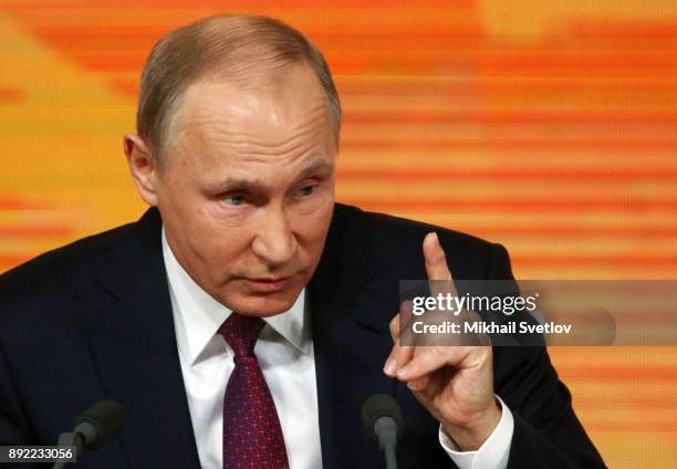 Russian President Vladimir Putin speaks during his annual press conference on December 14, 2017 in Moscow, Russia.