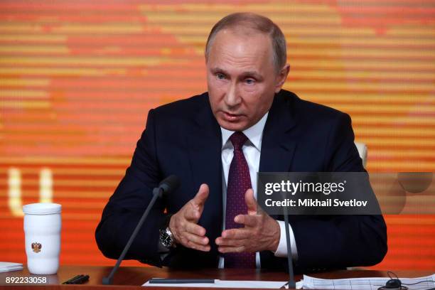 Russian President Vladimir Putin speaks during his annual press conference on December 14, 2017 in Moscow, Russia.