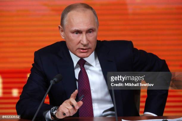 Russian President Vladimir Putin speaks during his annual press conference on December 14, 2017 in Moscow, Russia.