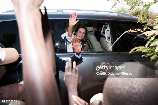 Queen Letizia of Spain visits Village Pilote initiative for kids of the streets on December 14, 2017 in Dakar, Senegal. Queen Letizia of Spain is on...