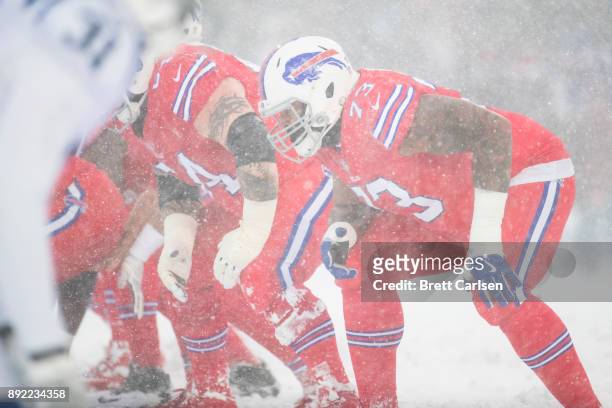 Dion Dawkins of the Buffalo Bills lines up on the offensive line during the third quarter against the Indianapolis Colts at New Era Field on December...