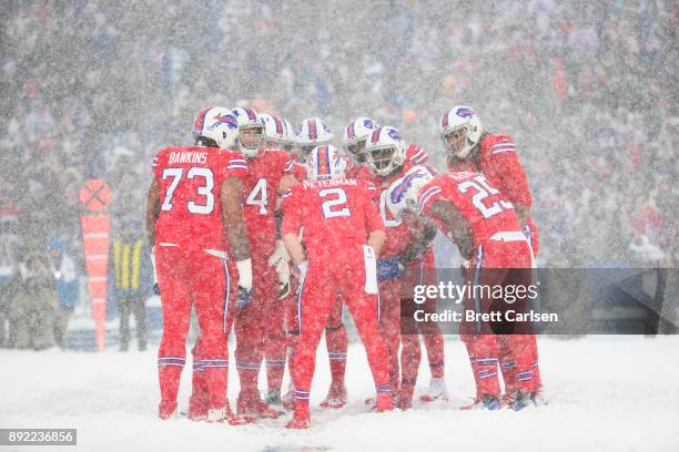 Nathan Peterman of the Buffalo Bills leads the huddle during the game against the Indianapolis Colts at New Era Field on December 10, 2017 in Orchard...