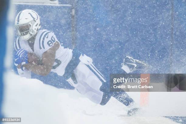 Chester Rogers of the Indianapolis Colts catches a pass out of bounds during the second half against the Buffalo Bills at New Era Field on December...