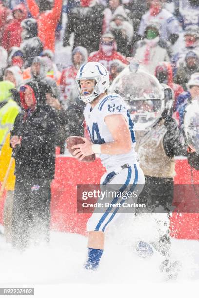 Jack Doyle of the Indianapolis Colts celebrates a two point conversion against the Buffalo Bills that was then called back due to pass interference...