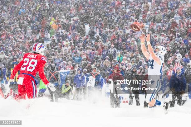 Jack Doyle of the Indianapolis Colts catches a pass for a two point conversion against the Buffalo Bills that was then called back due to pass...