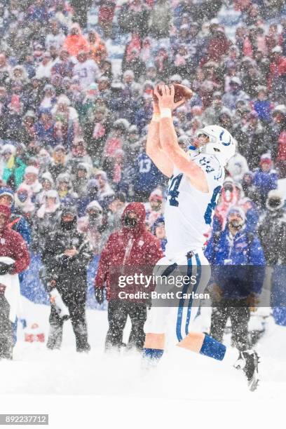 Jack Doyle of the Indianapolis Colts catches a pass for a two point conversion against the Buffalo Bills that was then called back due to pass...