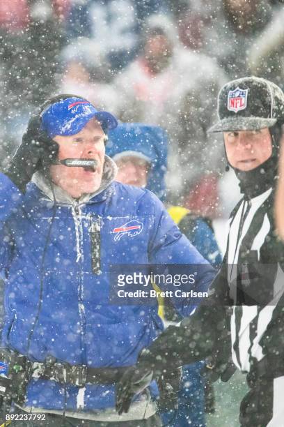 Head coach Sean McDermott of the Buffalo Bills disputes a two point conversion attempt during the fourth quarter by Indianapolis Colts that was then...
