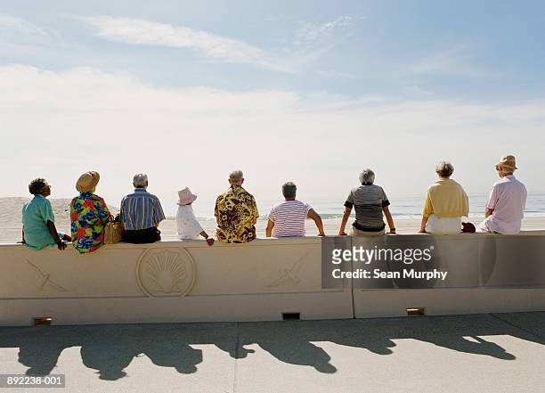 mature  group sitting on wall, looking out at ocean, rear view - generic location stock pictures, royalty-free photos & images