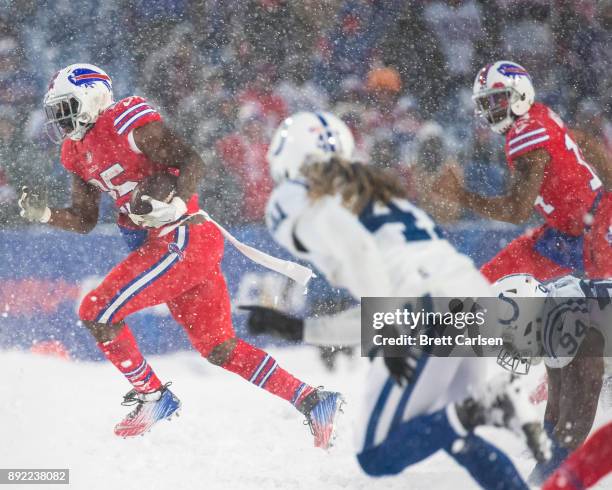 LeSean McCoy of the Buffalo Bills carries the ball during overtime against the Indianapolis Colts at New Era Field on December 10, 2017 in Orchard...