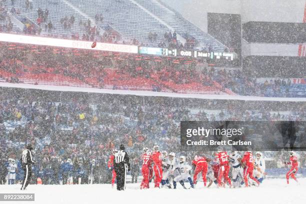Adam Vinatieri of the Indianapolis Colts misses what would be a game winning field goal during the fourth quarter against the Buffalo Bills at New...
