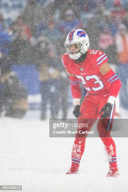 Micah Hyde of the Buffalo Bills readies for a play during overtime against the Buffalo Bills at New Era Field on December 10, 2017 in Orchard Park,...