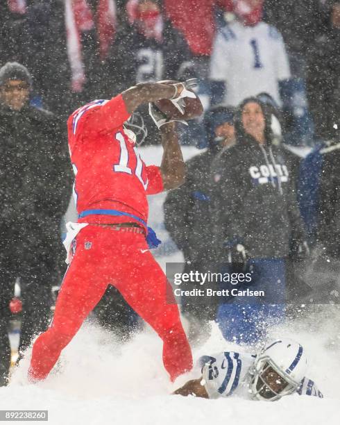 Deonte Thompson of the Buffalo Bills makes a first down reception during overtime against the Indianapolis Colts at New Era Field on December 10,...