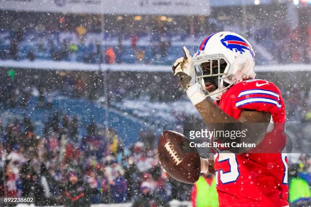 LeSean McCoy of the Buffalo Bills celebrates after scoring the game winning touchdown in overtime against the Indianapolis Colts at New Era Field on...