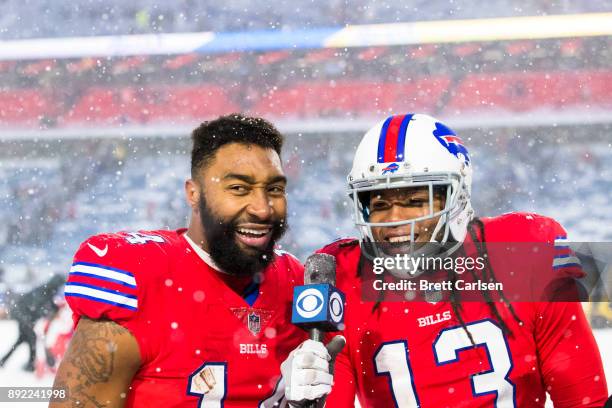 Kelvin Benjamin mock interviews Joe Webb of the Buffalo Bills after the game against the Indianapolis Colts at New Era Field on December 10, 2017 in...