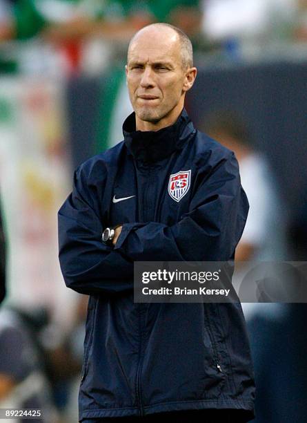 Head coach Bob Bradley of the USA looks on against Honduras during their CONCACAF Cup Semifinal match at Soldier Field on July 23, 2009 in Chicago,...