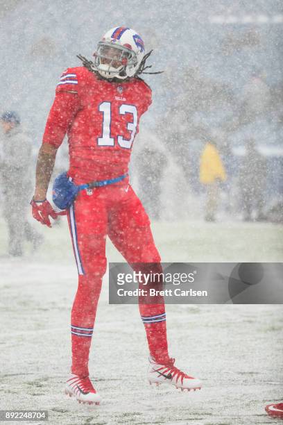 Kelvin Benjamin of the Buffalo Bills dances during warm ups before the game against the Indianapolis Colts at New Era Field on December 10, 2017 in...