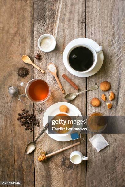 flat lay coffee and tea still life. - cup of tea from above fotografías e imágenes de stock