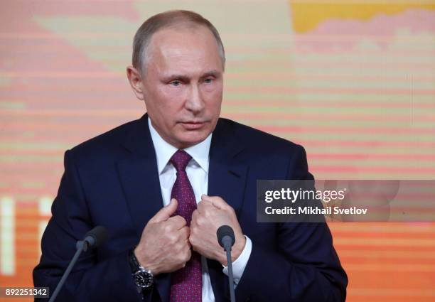 Russian President Vladimir Putin speaks during his annual press conference on December 14, 2017 in Moscow, Russia.