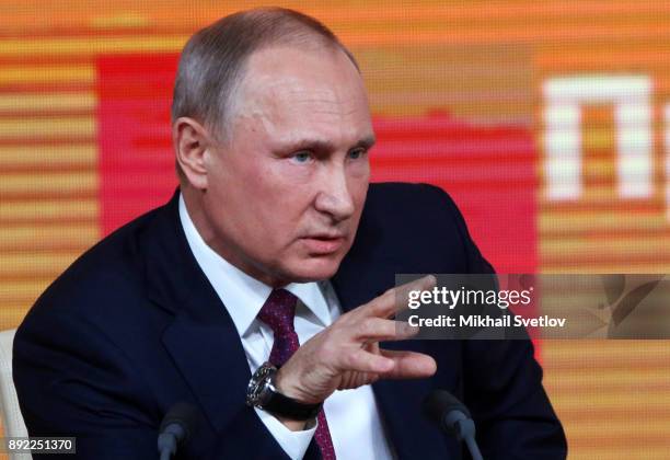 Russian President Vladimir Putin speaks during his annual press conference on December 14, 2017 in Moscow, Russia.