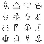 Winter clothes icons set. Line with editable stroke