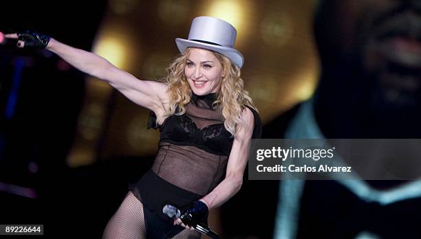 Singer Madonna performs on stage at Vicente Calderon Stadium on July 23, 2009 in Madrid, Spain.