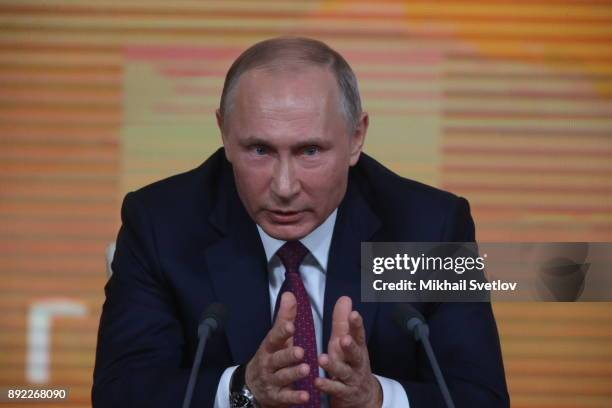 Russian President Vladimir Putin speaks during his annual press conference on December 14, 2017 in Moscow, Russia.