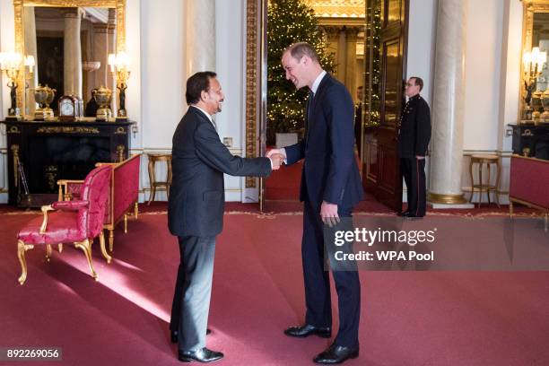 Prince William, Duke of Cambridge meets the Sultan of Brunei during a private audience at Buckingham Palace on December 14, 2017 in London, England.