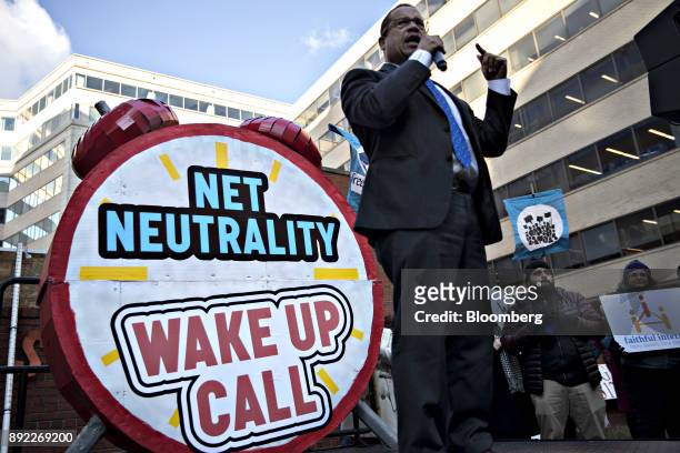 Representative Keith Ellison, a Democrat from Minnesota, speaks during a rally opposed to the roll back of net neutrality rules outside the Federal...