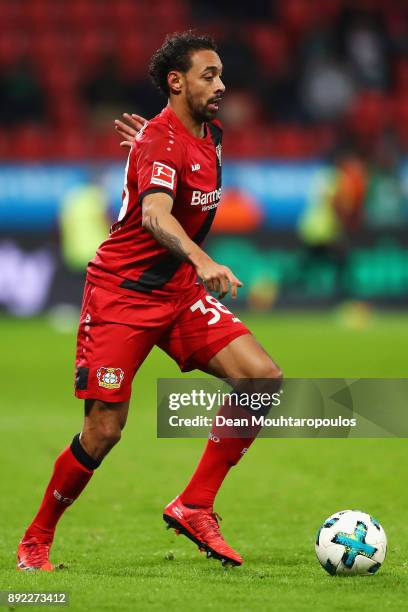 Karim Bellarabi of Bayer 04 Leverkusen in action during the Bundesliga match between Bayer 04 Leverkusen and SV Werder Bremen at BayArena on December...