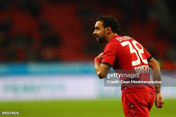 Karim Bellarabi of Bayer 04 Leverkusen in action during the Bundesliga match between Bayer 04 Leverkusen and SV Werder Bremen at BayArena on December...