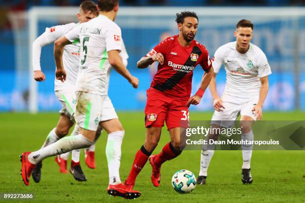 Karim Bellarabi of Bayer 04 Leverkusen in action during the Bundesliga match between Bayer 04 Leverkusen and SV Werder Bremen at BayArena on December...