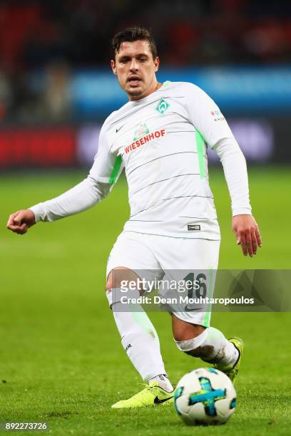 Zlatko Junuzovic of Werder Bremen in action during the Bundesliga match between Bayer 04 Leverkusen and SV Werder Bremen at BayArena on December 13,...