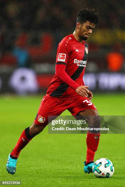 Benjamin Henrichs of Bayer 04 Leverkusen in action during the Bundesliga match between Bayer 04 Leverkusen and SV Werder Bremen at BayArena on...